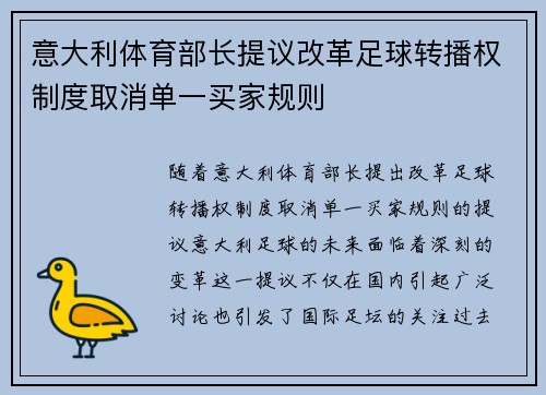意大利体育部长提议改革足球转播权制度取消单一买家规则 意大利体育部长提议改革足球转播权制度取消单一买家规则
